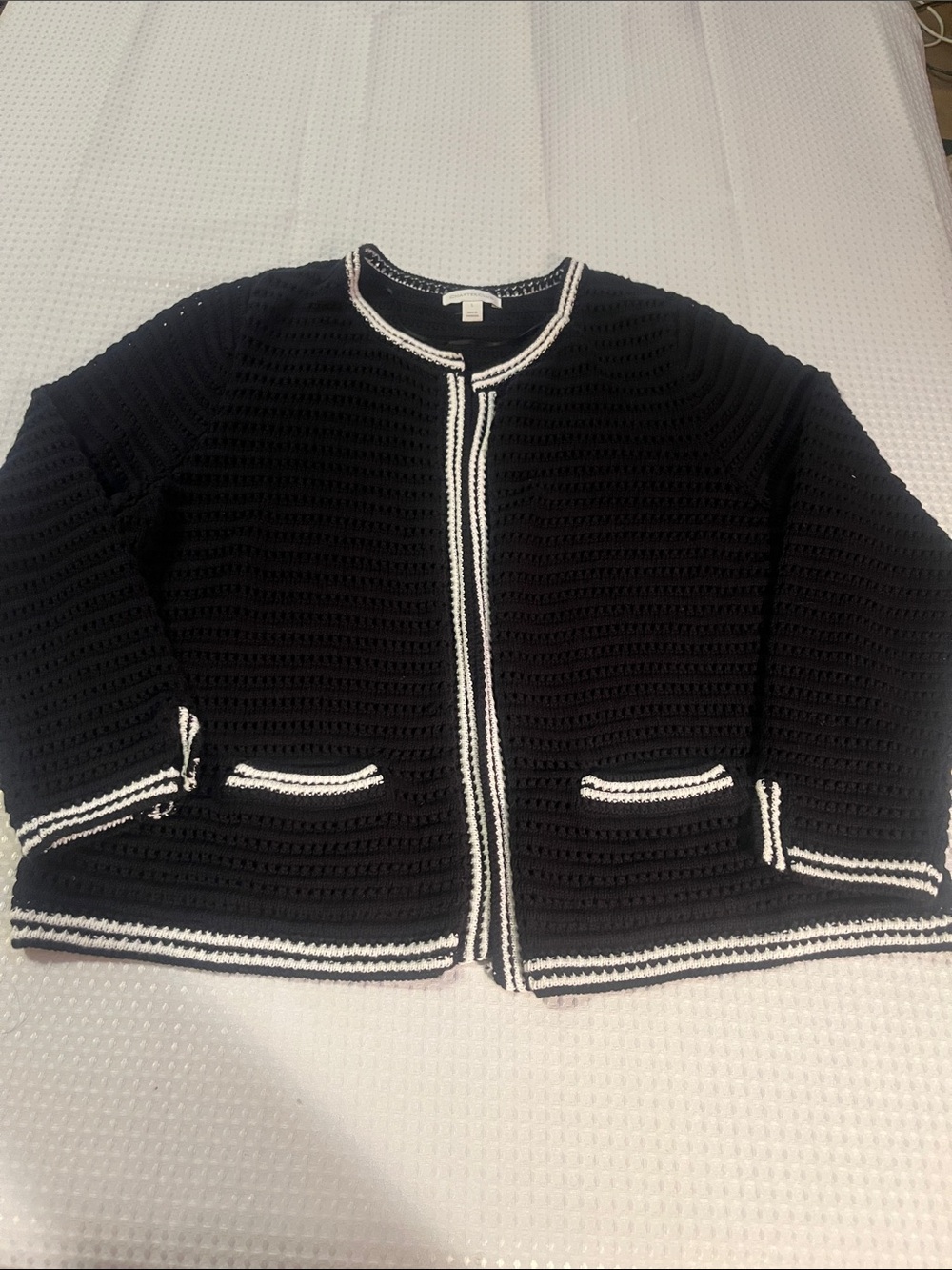 Charter Club Black Crochet Cardigan with White Trim